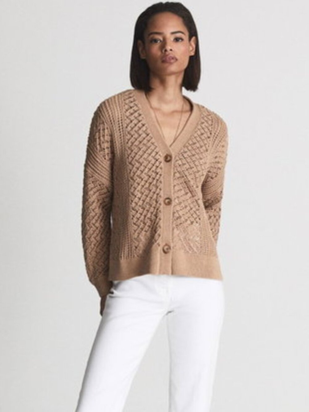 REISS Camel Laila Cable Knit Cardigan Sweater Large